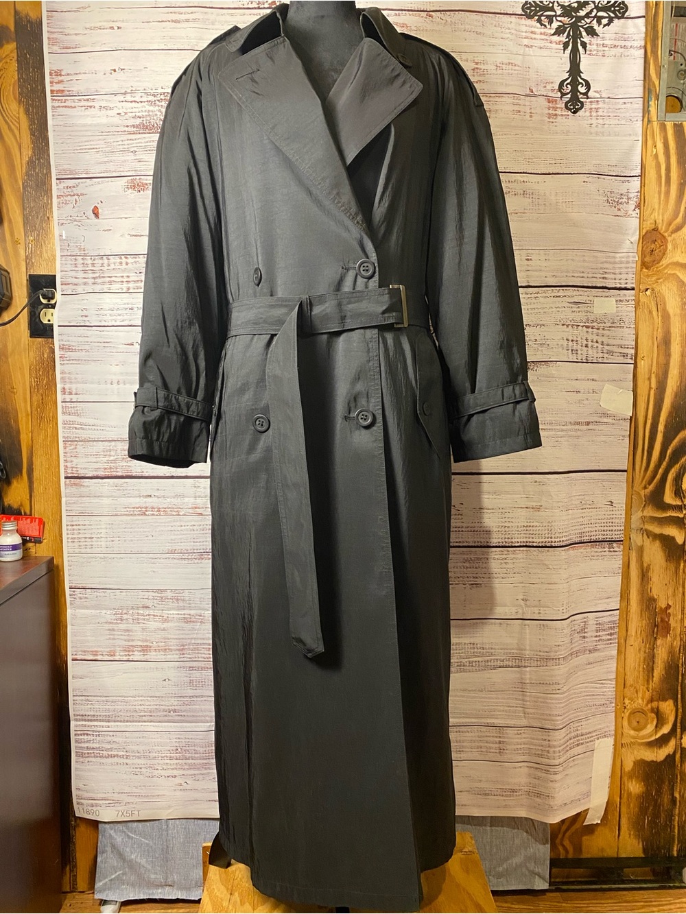 Jones New York Black Double-Breasted Trench Coat with Belt Wool Lining Sz-12